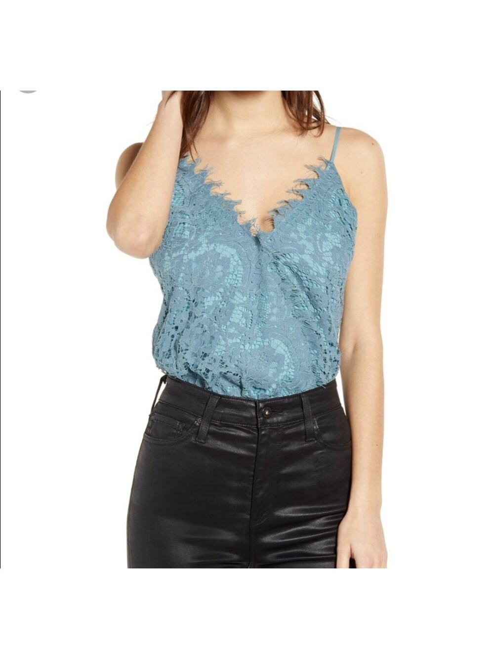 WAYF Lizzie Blue Crossover Lace Sleeveless V-neck Bodysuit NEW Women's Medium